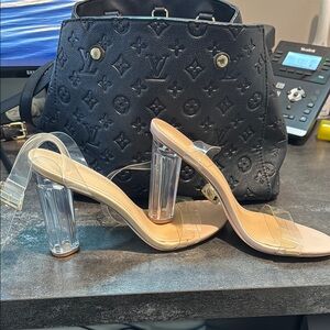 JustFab Cream Tan Heels with Clear Block Heel